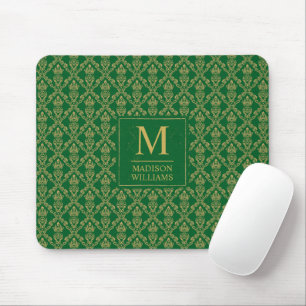 Emerald Green and Gold Seamless Damask Pattern Mouse Mat