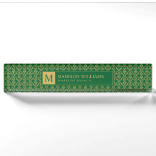Emerald Green and Gold Seamless Damask Pattern Nameplate