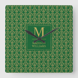 Emerald Green and Gold Seamless Damask Pattern Square Wall Clock