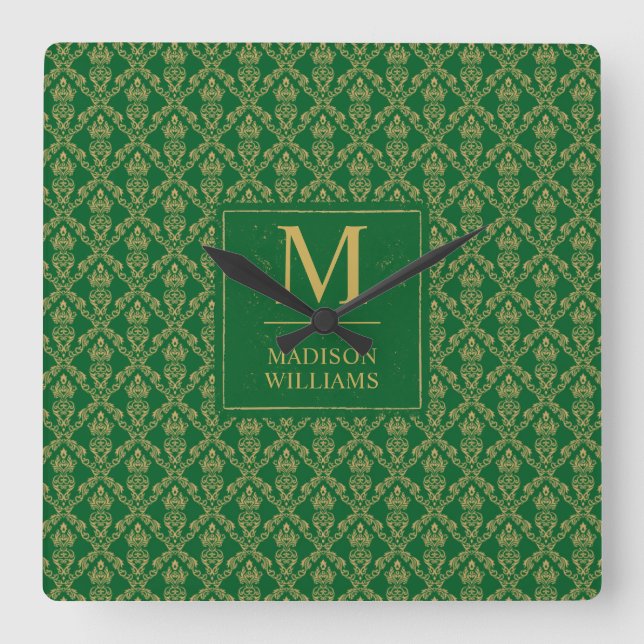 Emerald Green and Gold Seamless Damask Pattern Square Wall Clock (Front)