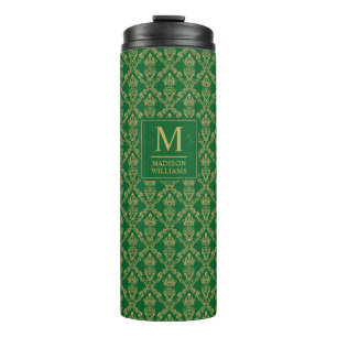 Emerald Green and Gold Seamless Damask Pattern Thermal Tumbler