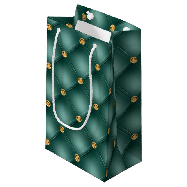 Emerald Green and Gold Tufted Small Gift Bag (Front Angled)
