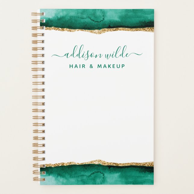 Emerald Green And Gold Watercolor Business Planner (Front)