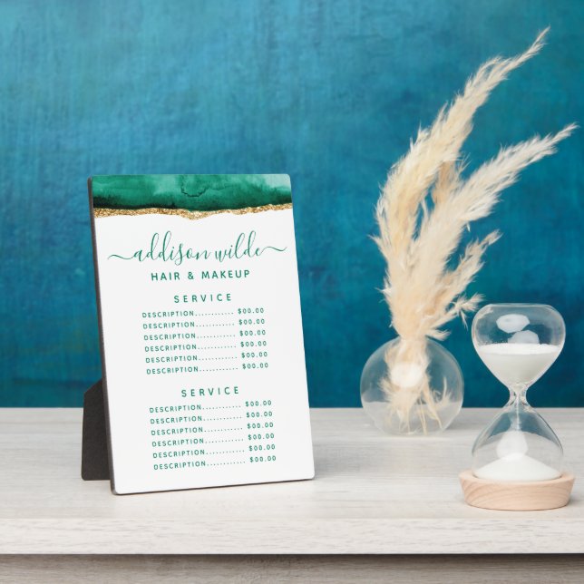 Emerald Green And Gold Watercolor Price Menu Plaque (Side)