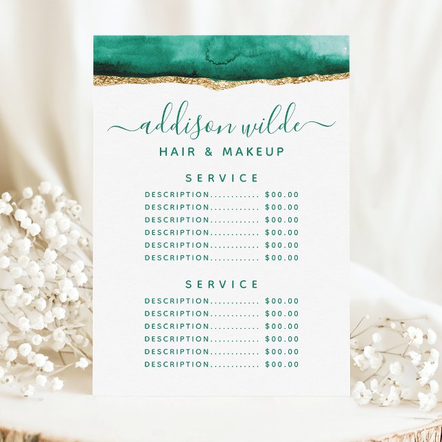 Emerald Green And Gold Watercolor Service Price Menu (Creator Uploaded)
