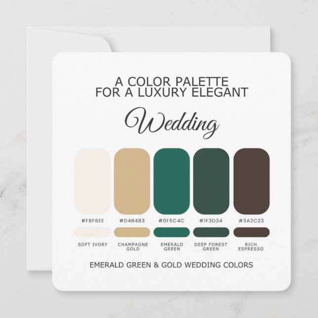 Emerald Green and Gold Wedding Colour Palette Card (Front)
