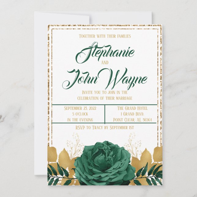 Emerald Green and Gold Wedding Invitation (Front)