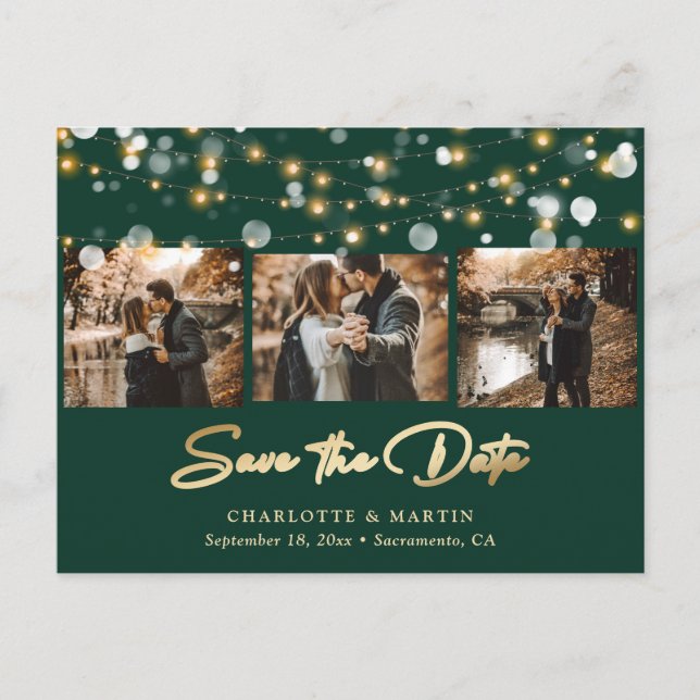 Emerald Green and Gold Wedding Photo Save The Date Announcement Postcard (Front)