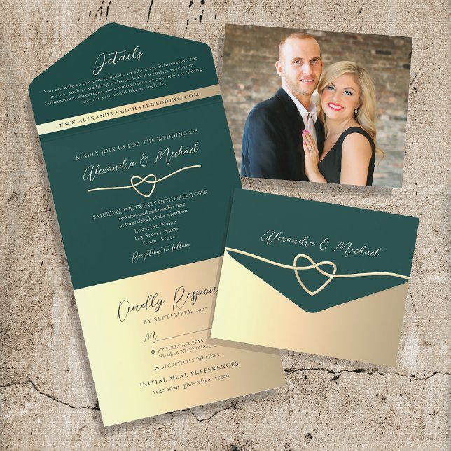 Emerald Green and Gold Wedding QR Code All In One Invitation (Creator Uploaded)