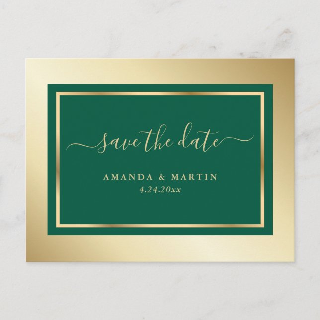 Emerald Green and Gold Wedding Save The Date Announcement Postcard (Front)