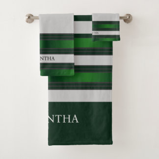 Emerald Green And Grey Geometric Stripes Name Bath Towel Set