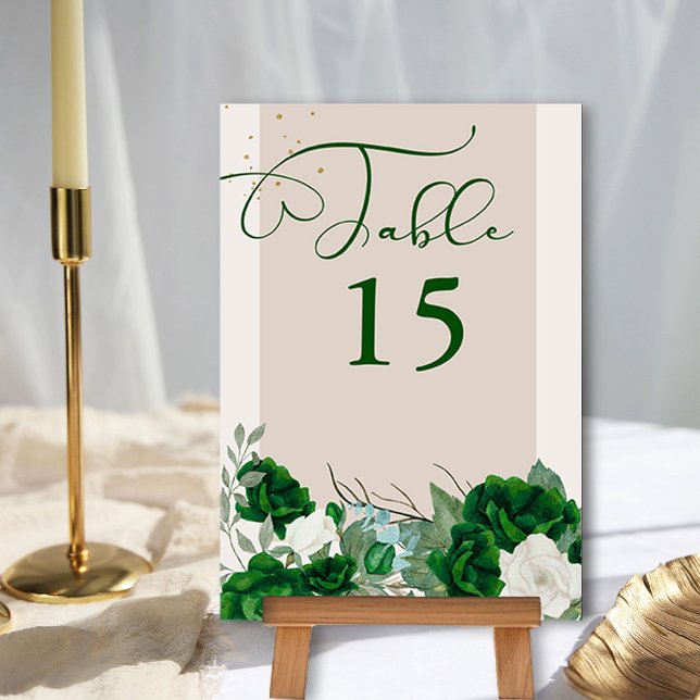 Emerald Green and Ivory Rose Elegant Floral Table Number (Floral Table Number from the Royal Rose Emerald Green Quinceanera Collection by Darling & May)