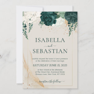 Emerald Green and Ivory Rose Floral BUDGET Invitation