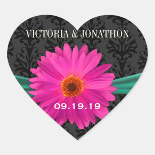 Emerald Green and Pink Gerber Daisy Wedding Heart Sticker