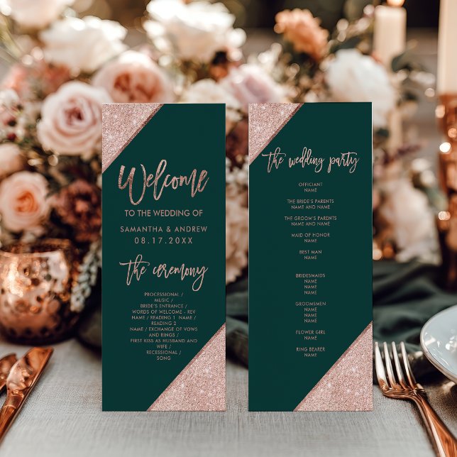 Emerald Green and Rose Gold Glitter Wedding Programme (Emerald Green and Rose Gold Glitter Wedding Program)