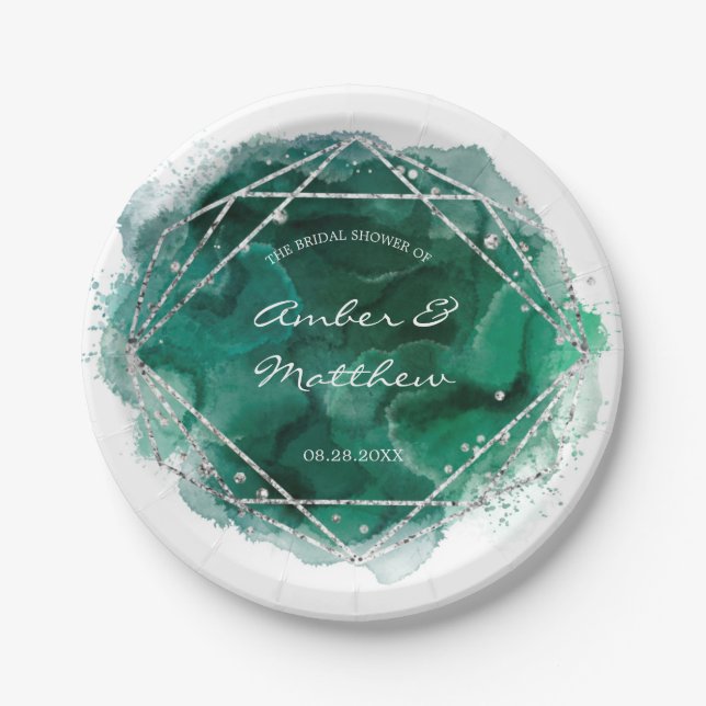 Emerald Green and Silver Geometric Wedding Paper Plate (Front)