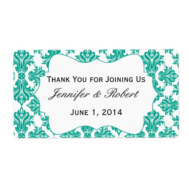 Emerald Green and White Damask Water Bottle Label (Front)