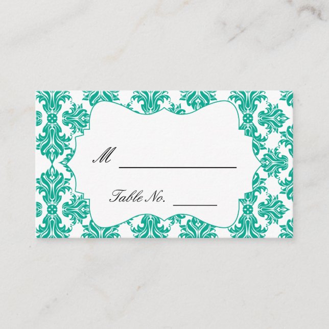 Emerald Green and White Damask Wedding Place Cards (Front)