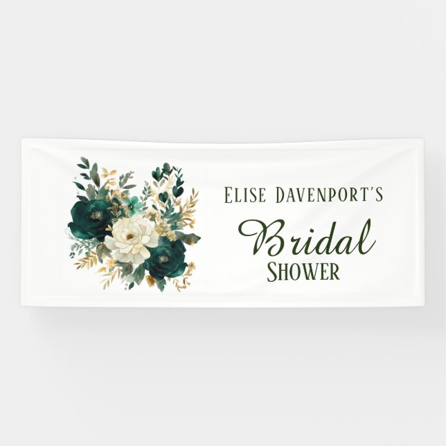 Emerald Green and White Gold Peonies Wedding Banner (Horizontal)