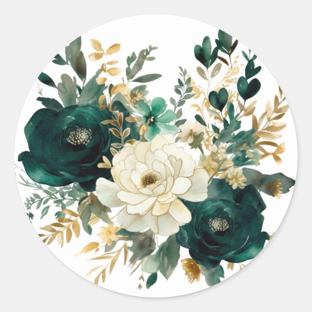 Emerald Green and White Gold Peonies Wedding Classic Round Sticker (Front)