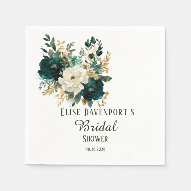 Emerald Green and White Gold Peonies Wedding Napkin (Front)