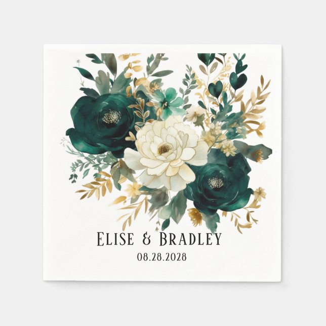 Emerald Green and White Gold Peonies Wedding Napkin (Front)