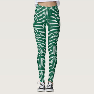 Emerald Green and White Maze African Mud Cloth Leggings