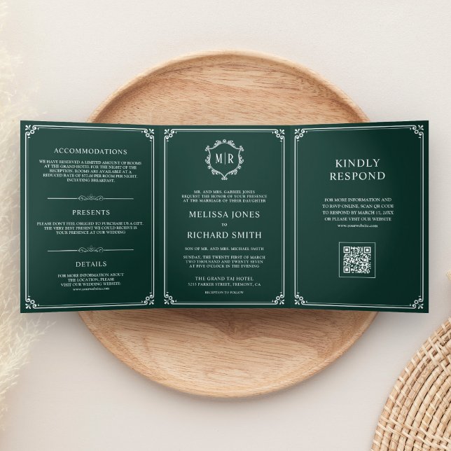 Emerald Green and White Monogram QR Code Wedding Tri-Fold Invitation (Creator Uploaded)