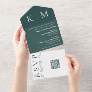 Emerald Green and White-Monogram-Wedding  All In One Invitation