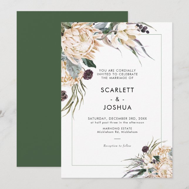 Emerald Green and White Protea Wedding Invitation (Front/Back)
