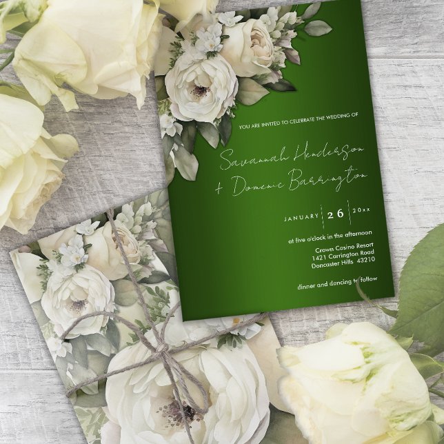 Emerald Green and White Rose Bouquet Wedding Invitation (Creator Uploaded)