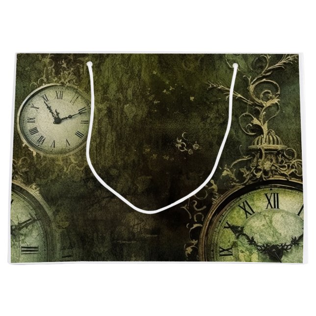 Emerald Green Antique Clockwork Aesthetic Large Gift Bag (Front)