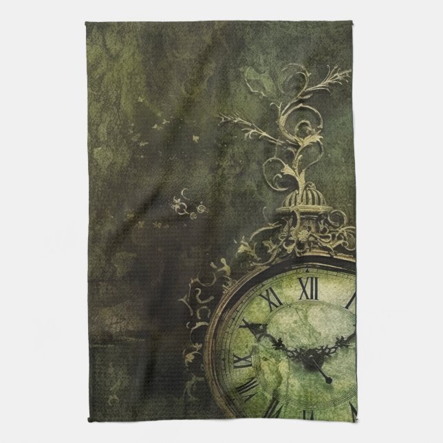 Emerald Green Antique Clockwork Aesthetic Tea Towel (Vertical)