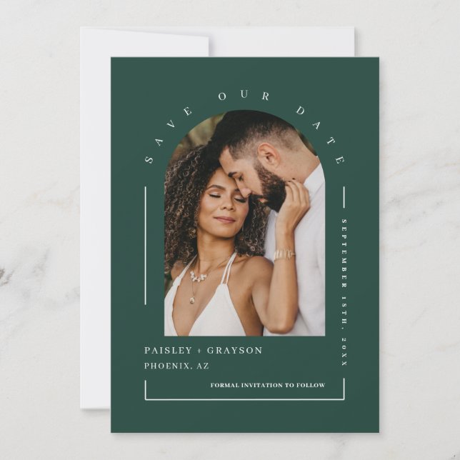 Emerald Green Arch Photo QR Code Save Our Date Invitation (Front)
