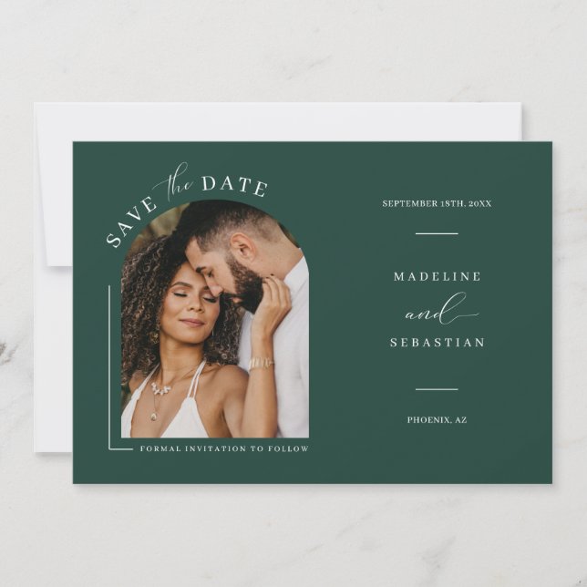 Emerald Green Arch Photo QR Code Save the Date Inv Invitation (Front)