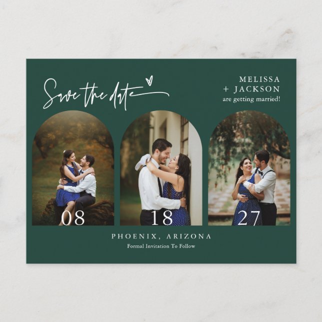 Emerald Green Arch Photo QR Code Save the Date Postcard (Front)
