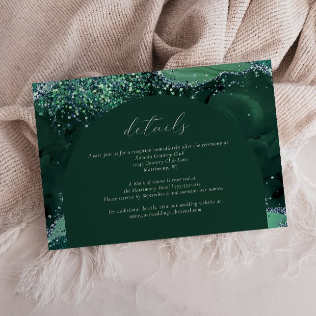 Emerald Green Arch Silver Glitter Wedding Details RSVP Card (Creator Uploaded)