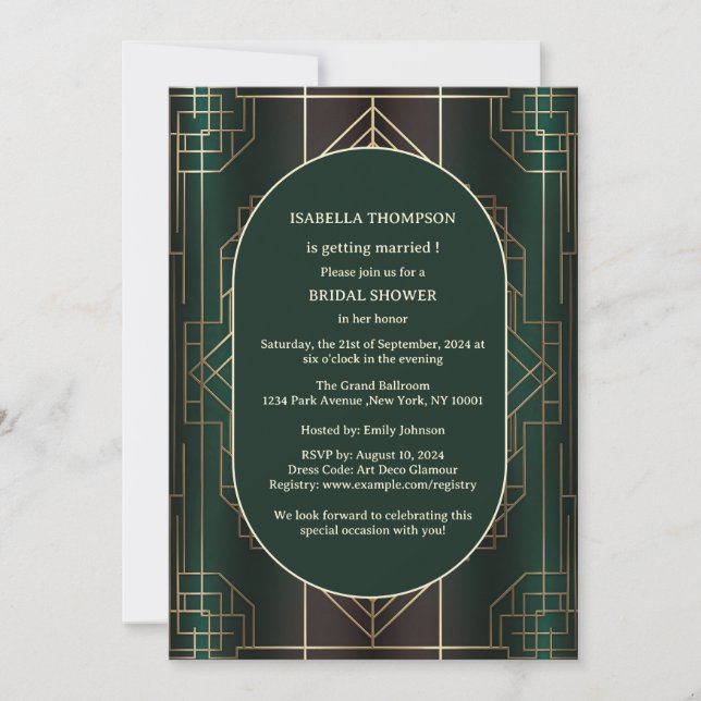 Emerald Green Art Deco Bridal Shower Invitations (Front)