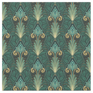 Emerald Green Art Deco Lotus on Leafy background Fabric