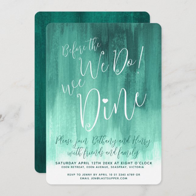 Emerald green art rehearsal dinner before we do in invitation (Front/Back)