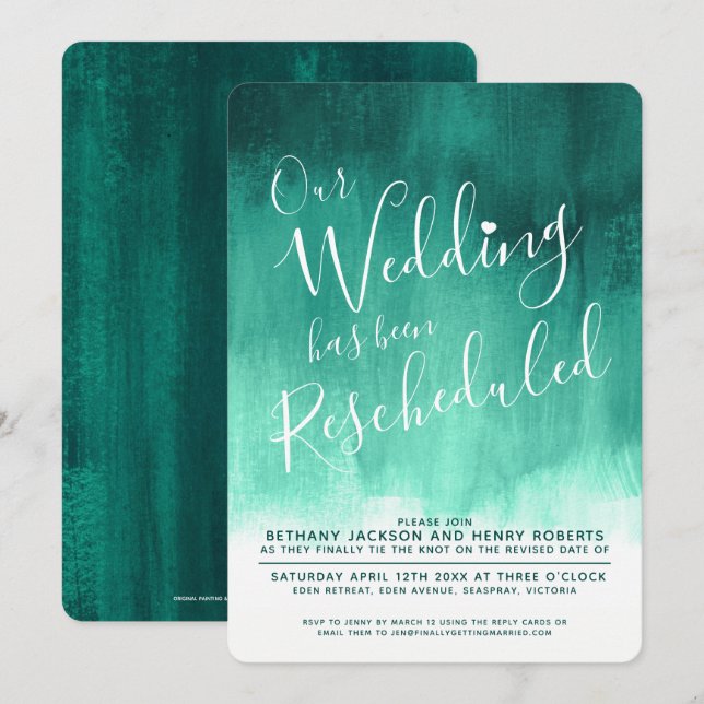 Emerald green art rescheduled wedding  invitation (Front/Back)