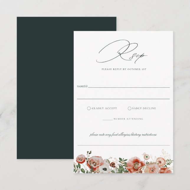 Emerald Green Autumn Floral Wedding RSVP Card (Front/Back)