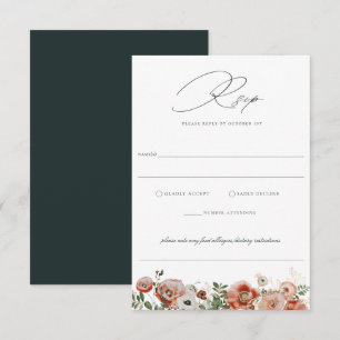 Emerald Green Autumn Floral Wedding RSVP Card