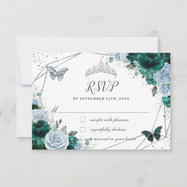 Emerald Green Baby Blue Floral Silver Quinceañera RSVP Card (Front)