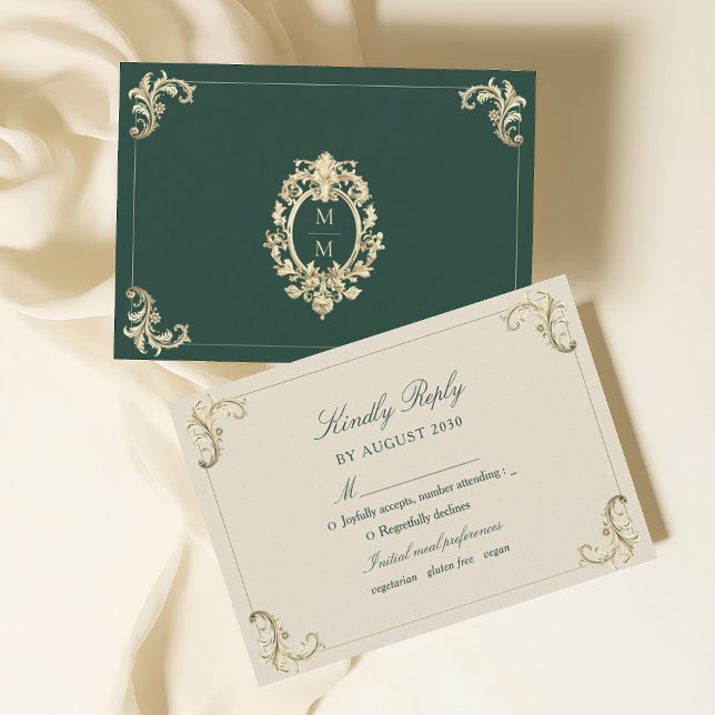 Emerald Green Baroque Gold Wedding RSVP Card (Creator Uploaded)