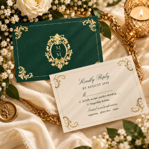 Emerald Green Baroque Gold Wedding RSVP Card