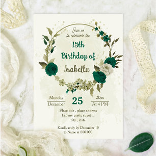 emerald green beige flowers birthday invitation