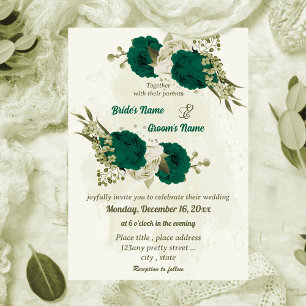emerald green beige flowers botanical wedding invitation