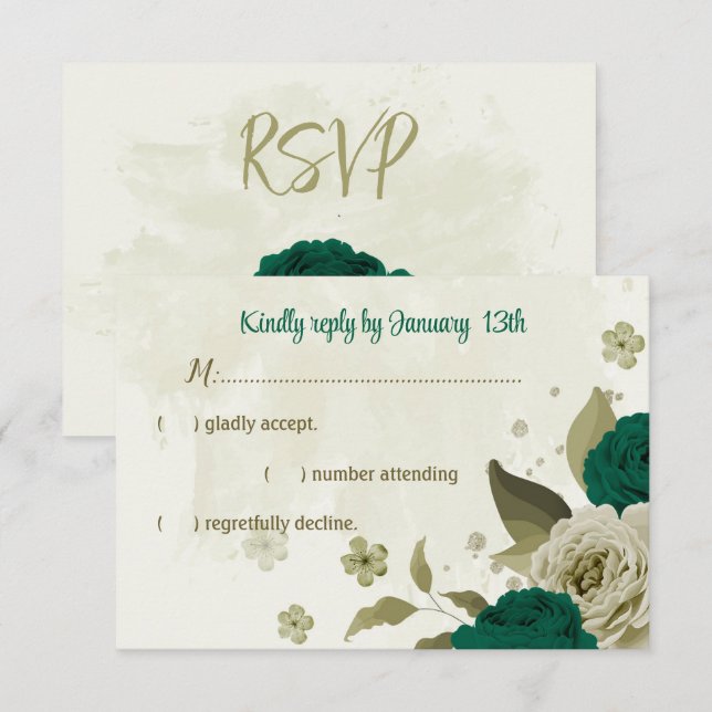 emerald green beige flowers botanical wedding RSVP card (Front/Back)