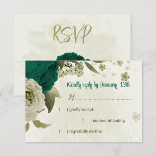 emerald green beige flowers botanical wedding RSVP card